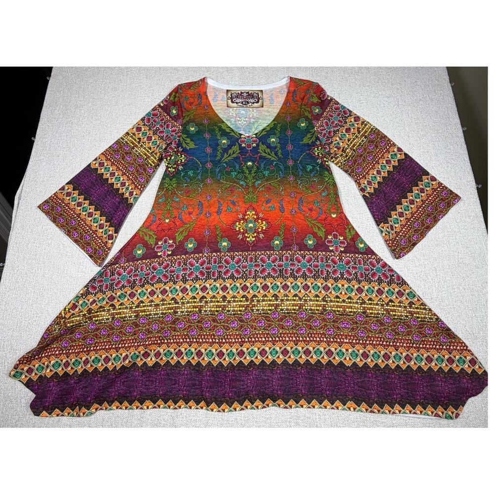 AMMA Women XL Purple Yellow Asymmetrical Hem Artsy Lagenlook Summer Tunic Top